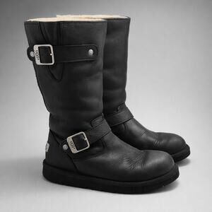 UGG Kids Size 8 Black Leather Motorcycle Boots Shearling Lined Buckle Engineer